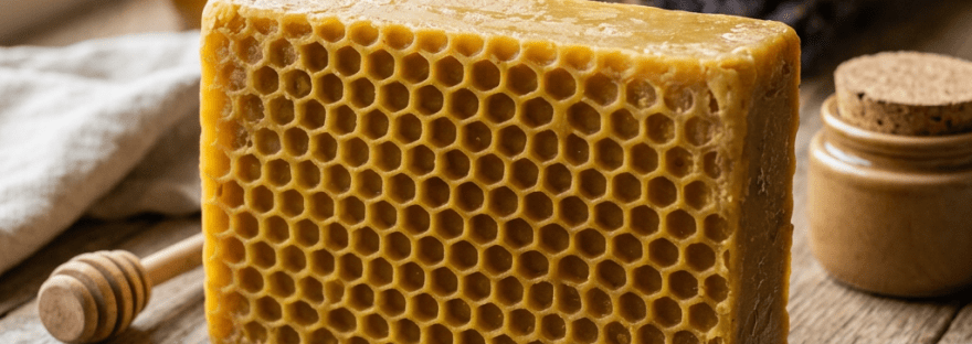 Block of beeswax with honeycomb pattern on wooden table